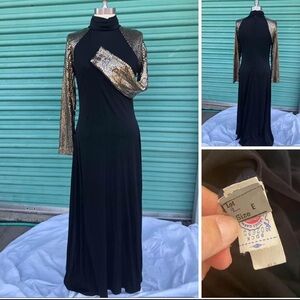 70s GOLD SEQUIN BLACK MAXI DRESS GOWN GOTH MOTOWN MOB BOSS FORM FITTING USA MADE